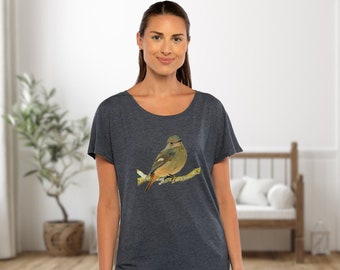 May include: A dark blue t-shirt featuring a brown and green bird perched on a branch. The bird has a light brown breast and a dark brown head.