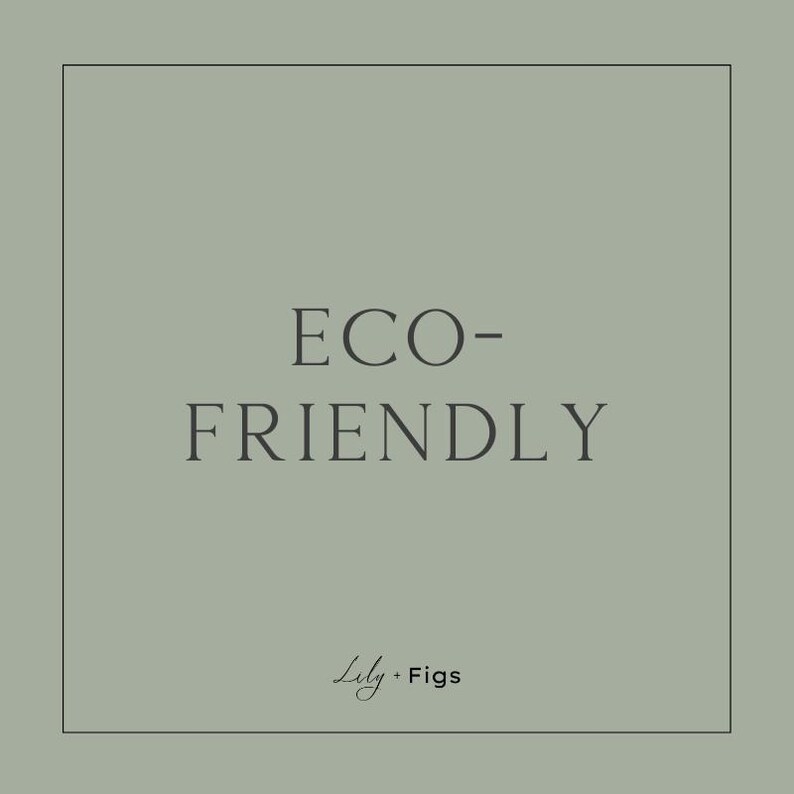 Puede incluir: Imagen cuadrada con las palabras "ECO-FRIENDLY" en fuente serif, centradas sobre un fondo verde apagado. El texto "Lily &bull; Figs" est&aacute; escrito en fuente script en la parte inferior. El dise&ntilde;o est&aacute; enmarcado por un fino borde negro.