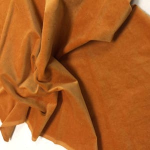May include: A close-up of a piece of fabric in a rich, burnt orange color. The fabric has a soft, velvety texture and is folded in a way that shows its drape.