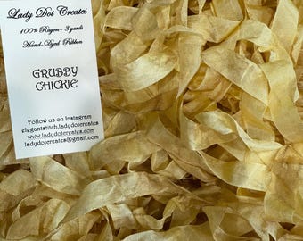Ribbon 9/16" - Grubby Chickie - Hand-dyed 100% Viscose DMC 727 w/a dash of grubby