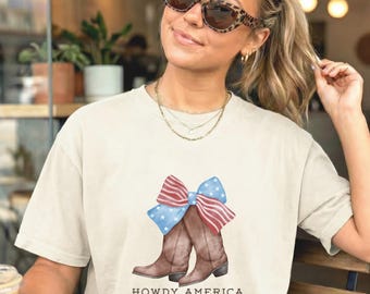 Howdy America Boot Tee, Patriotic Western Shirt, Cowboy Boot Graphic Tee, Fourth of July Country Shirt, Americana Cowgirl Te