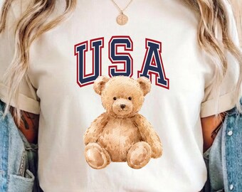 USA Teddy Bear Tee, Patriotic Coquette Shirt, Americana Graphic Tee, Fourth of July Shirt, Vintage USA Bear Tee, Cute Summer Graphic Tee