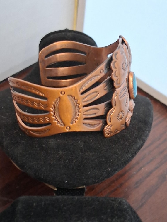 Vintage 60s Copper Cuff Bracelet, Turquoise Butte… - image 3
