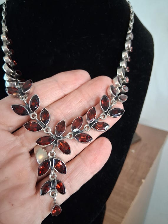 Garnet Statement Necklace Bezel set Sterling silv… - image 4