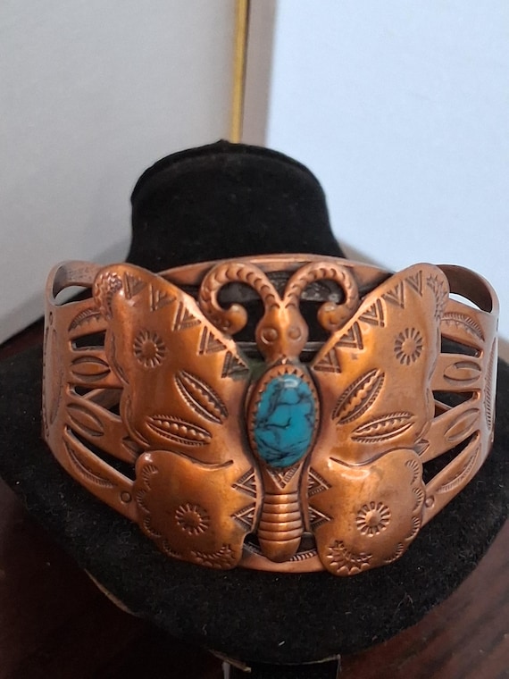 Vintage 60s Copper Cuff Bracelet, Turquoise Butte… - image 1