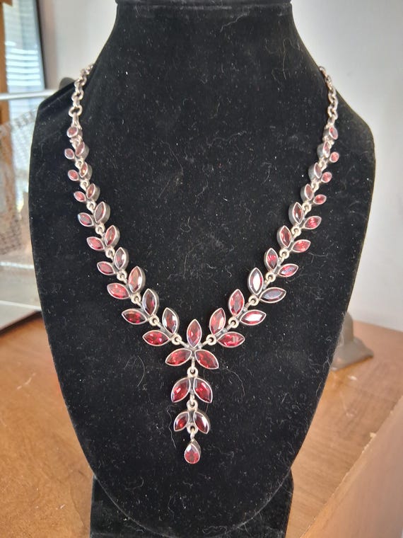 Garnet Statement Necklace Bezel set Sterling silv… - image 1