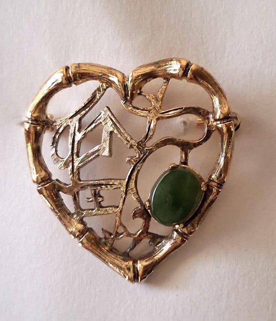 Vintage Heart Shape Wells Gold over Sterling Silver Jade Brooch