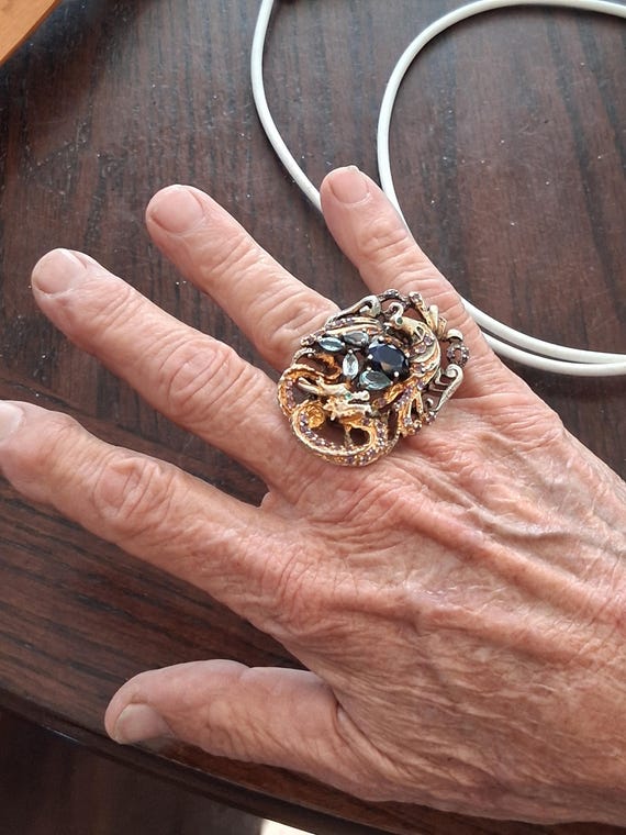 Cocktail Ring Interlocking Dragon & Peacock 925 B… - image 4