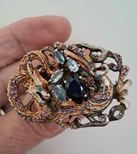 Cocktail Ring Interlocking Dragon & Peacock 925 B… - image 3