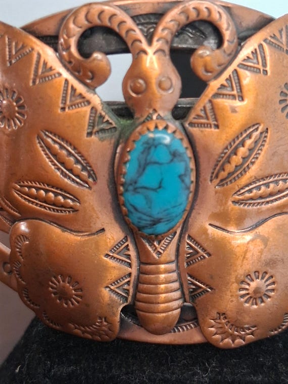 Vintage 60s Copper Cuff Bracelet, Turquoise Butte… - image 2