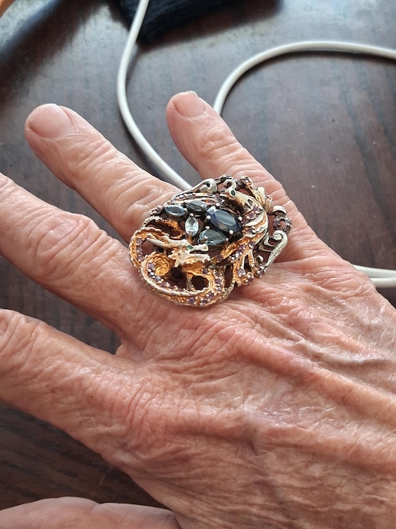 Cocktail Ring Interlocking Dragon & Peacock 925 B… - image 1