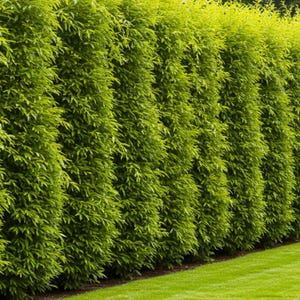 May include: A vibrant green hedge of closely planted trees with dense foliage. The leaves are a bright, fresh green, creating a solid wall of greenery. The hedge is neatly trimmed, with a strip of green grass in the foreground.