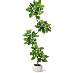 May include: A tall, artificial plant with green and white leaves, displayed in a white, textured pot. The plant's stem curves gracefully, showcasing the vibrant foliage. The pot has a modern design, adding a touch of elegance to the overall aesthetic.