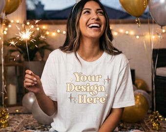 Bella Canvas 3001 White Tshirt Mockup BC 3001 Trendy T-Shirt Oversized Shirt Model Mockup 2026 New Year MockUp Holiday Party Shirt Mockup