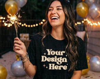 Bella Canvas 3001 Black Tshirt Mockup BC 3001 Trendy Oversized Shirt Model Mockup 2026 New Year MockUp Holiday Party Shirt Mockup