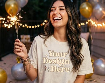 Bella Canvas 3001 Natural Tshirt Mockup BC 3001 Natural T-Shirt Oversized Shirt Model Mockup 2026 New Year MockUp Holiday Party Shirt Mockup