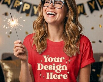 Bella Canvas 3001 Red Tshirt Mockup BC 3001 Mockups New Years Party Shirt Model Mockup 2026 New Year MockUps Holiday Trendy Holiday Mockup