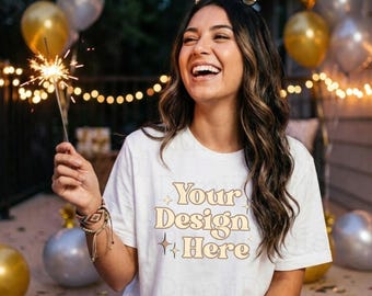 Bella Canvas 3001 White Tshirt Mockup BC 3001 Trendy T-Shirt Oversized Shirt Model Mockup 2026 New Year MockUp Holiday Party Shirt Mockup