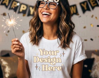 Bella Canvas 3001 White Tshirt Mockup BC 3001 Mockups New Years Party Shirt Model Mockup 2026 New Year MockUps Holiday Trendy Holiday Mockup