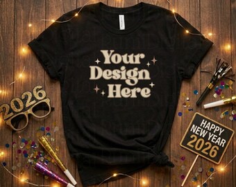 Bella Canvas 3001 Black Tshirt Mockup BC 3001 Shirt Flat Lay Mockup 2026 New Year MockUp Holiday Themed Mockup New Years Party Shirt Mockup