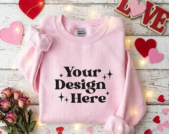Valentines Day Gildan 18000 Light Pink Sweatshirt Mockup Crewneck Mockup Valentines Themed Flat Lay Mockups Gildan 18000 Pink Hearts Mockup