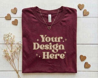 Maqueta de camiseta Bella Canvas 3001 color granate para San Valentín Maqueta de camiseta plana Maquetas de moda Maqueta con temática de San Valentín Maqueta de camiseta sencilla