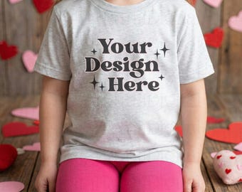 Valentines Day Kids Shirt Mockup Ash Bella Canvas 3001Y Shirt Mockup Trendy Mockups Cozy Valentines Themed Mockup Grey Youth T-Shirt Mockup
