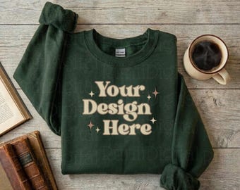 Forest Green Gildan 18000 Sweatshirt Mockup Simple Book Themed Mockup Flat Lay Mockups Gildan 18000 Sweater Minimalistic Bible Study Mockup