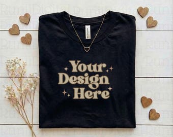 Maqueta de camiseta Bella Canvas 3001 negra para San Valentín, maqueta de camiseta plana, maquetas de moda, maqueta con temática bohemia de San Valentín, maqueta de camiseta sencilla