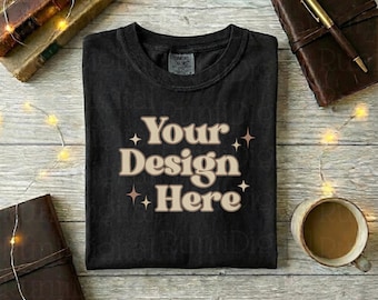 Black Comfort Colors C1717 Mockup Book Niche Mockup Reader Themed Mockups Trendy Shirt Mockups Bible or Journalist Mockups Flat Lay Mockup