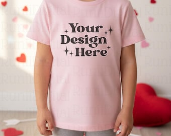 Valentines Day Kids Shirt Mockup Pink Bella Canvas 3001Y Shirt Mockup Trendy Mockups Cozy Valentines Themed Mockup Girly Youth Shirt Mockup
