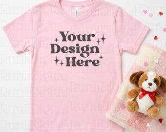 Valentines Day Kids Shirt Mockup Pink Bella Canvas 3001Y Shirt Mockup Trendy Mockups Cozy Valentines Themed Mockup Simple Youth Shirt Mockup