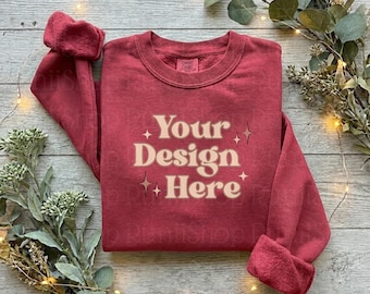 Comfort Colors 1566 Crimson Mockup Comfort Colors Sweatshirt Mockup Simple Minimalistic Aesthetic Mockup Crimson Red Flat Lay Folded Mockup
