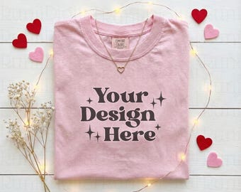 Valentines Day Blossom Comfort Colors 1717 Simple Shirt Mockup Pink Tee Mockup Trendy Mockups Valentines Themed Flat Lay Shirt Mockup C1717
