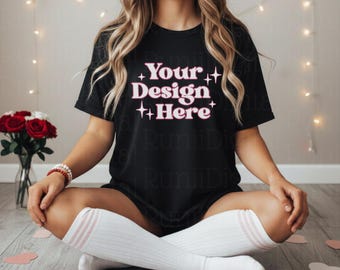 Valentines Day Black Comfort Colors C1717 Black Shirt Mockup CC 1717 Tshirt Mockup Trendy Mockups Love Valentines Themed Model Shirt Mockup