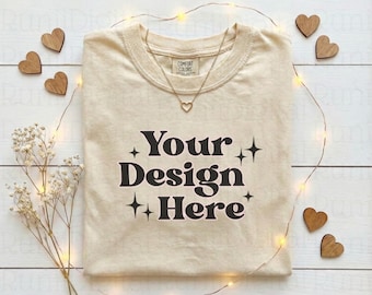 Valentines Day Ivory Comfort Colors 1717 Simple Shirt Mockup Boho Tshirt Mockup Trendy Mockups Valentines Themed Flat Lay Shirt Mockup C1717