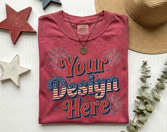 4th of July Comfort Colors C1717 Brick Shirt Mockup CC 1717 Red T-shirt Mockup Trendy Mockups 250th Patriotic Themed Flat Lay Shirt Mockup
