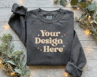 Comfort Colors 1566 Pepper Mockup Comfort Colors Sweatshirt Mockup Simple Minimalistic Aesthetic Mockup Grey Pepper Flat Lay Folded Mockup