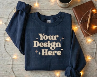 Navy Gildan 18000 Sweatshirt Mockup Reading Niche Book Themed Mockup Flat Lay Mockups Gildan 18000 Sweater Minimalistic Bible Study Mockup
