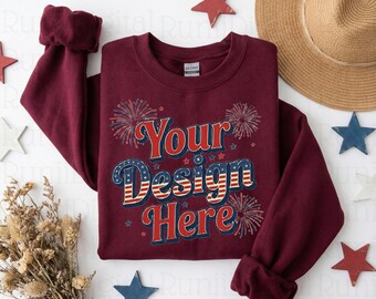 4th of July Gildan 18000 Maroon Sweatshirt Mockup Crewneck Mockup 250th Patriotic Themed Mockup Trendy Flat Lay Gildan 18000 Sweater Mockup