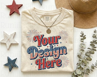 4th of July Comfort Colors C1717 Ivory Shirt Mockup CC 1717 Tshirt Mockup Trendy Mockups 250th Parade Patriotic Themed Flat Lay Shirt Mockup