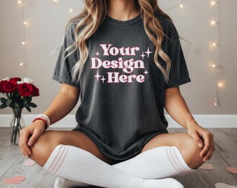 Valentines Day Pepper Comfort Colors C1717 Grey Shirt Mockup CC 1717 Tshirt Mockup Trendy Mockups Love Valentines Themed Model Shirt Mockup