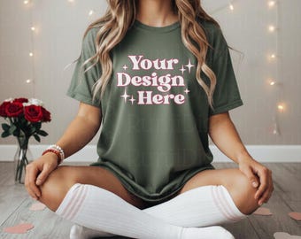 Valentines Day Moss Comfort Colors C1717 Green Shirt Mockup CC 1717 Tshirt Mockup Trendy Mockups Love Valentines Themed Model Shirt Mockup
