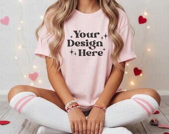 Valentines Day Blossom Comfort Colors C1717 Pink Shirt Mockup CC 1717 Tshirt Mockup Trendy Mockups Love Valentines Themed Model Shirt Mockup