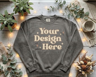 Pepper Comfort Colors Mockup Comfort Colors 1566 Sweatshirt Mockup Simple Minimalistic Plants Aesthetic Mockup Grey Pepper Flat Lay Mockup