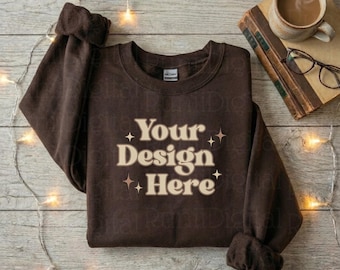 Dark Chocolate Gildan 18000 Sweatshirt Mockup Nerdy Book Club Mockup Flat Lay Mockups Gildan 18000 Sweater Minimalistic Bible Study Mockup