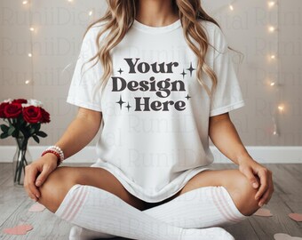 Valentines Day White Comfort Colors C1717 White Shirt Mockup CC 1717 Tshirt Mockup Trendy Mockups Love Valentines Themed Model Shirt Mockup