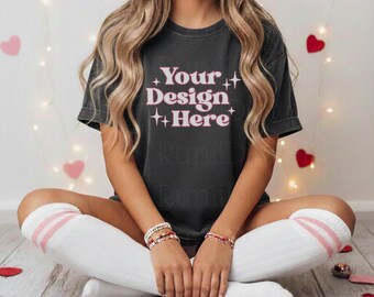Valentines Day Pepper Comfort Colors C1717 Grey Shirt Mockup CC 1717 Tshirt Mockup Trendy Mockups Love Valentines Themed Model Shirt Mockup
