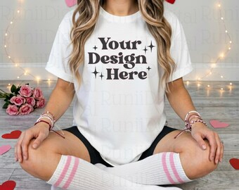 Valentines Day White Comfort Colors C1717 White Shirt Mockup CC 1717 Tshirt Mockup Trendy Mockups Love Valentines Themed Model Shirt Mockup