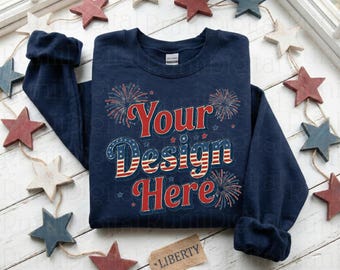 4th of July Gildan 18000 Navy Sweatshirt Mockup Crewneck Mockup 250th Patriotic Themed Mockup Trendy Flat Lay Gildan 18000 Sweater Mockup